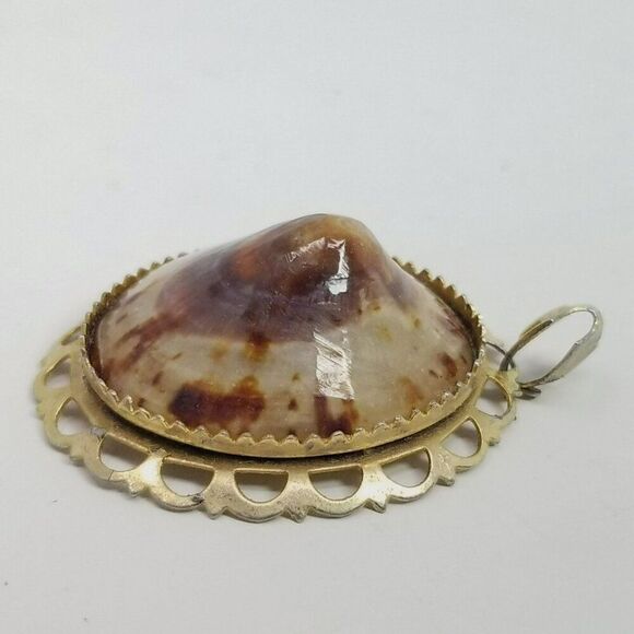 Vintage Shell Oval Pendant, Tan Brooch, Gold Tone Setting, Natural Nature - Picture 5 of 7